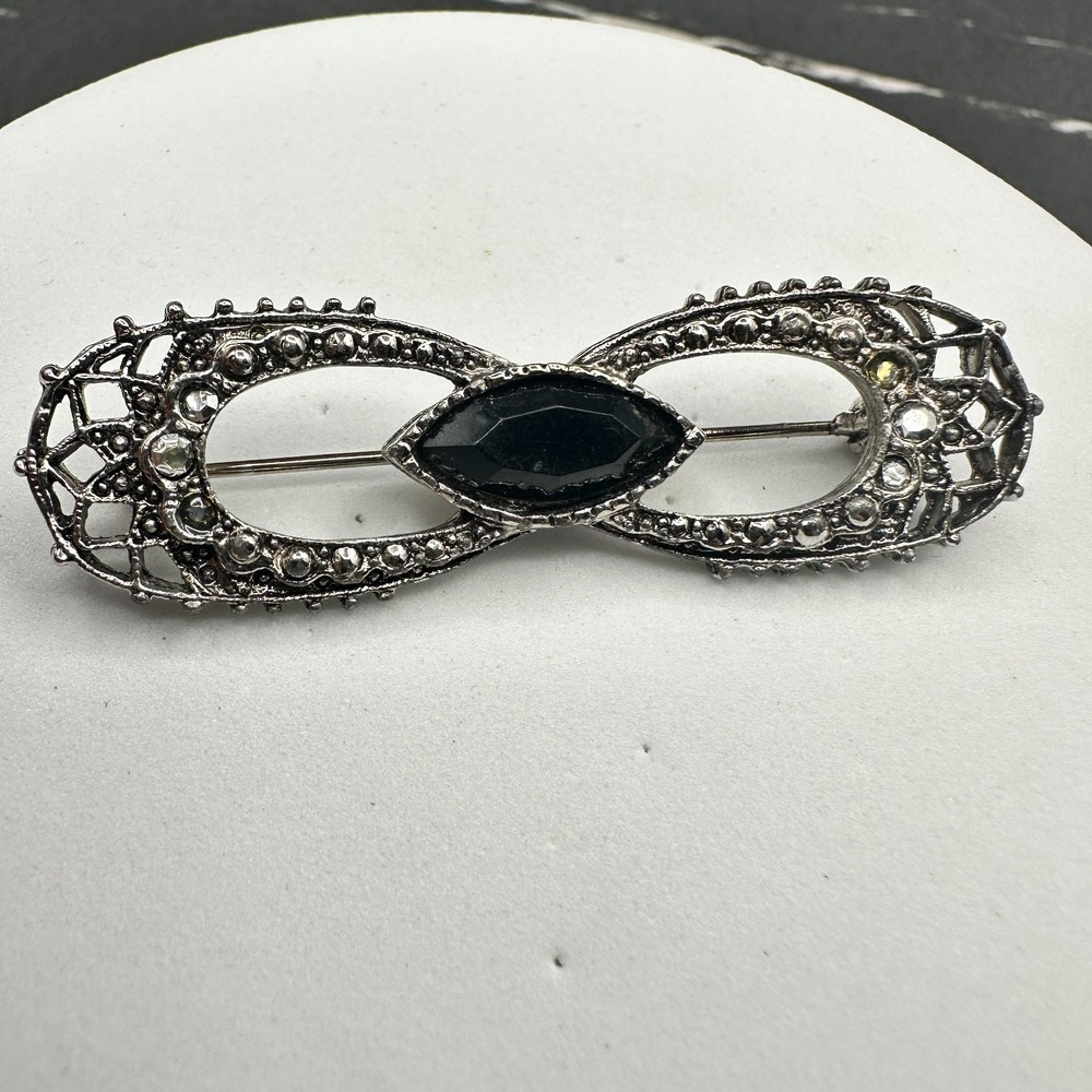 Vintage Silver Tone Black‎ Marquise Rhinestone Brooch Art Deco Style